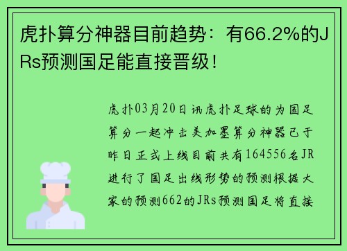 虎扑算分神器目前趋势：有66.2%的JRs预测国足能直接晋级！